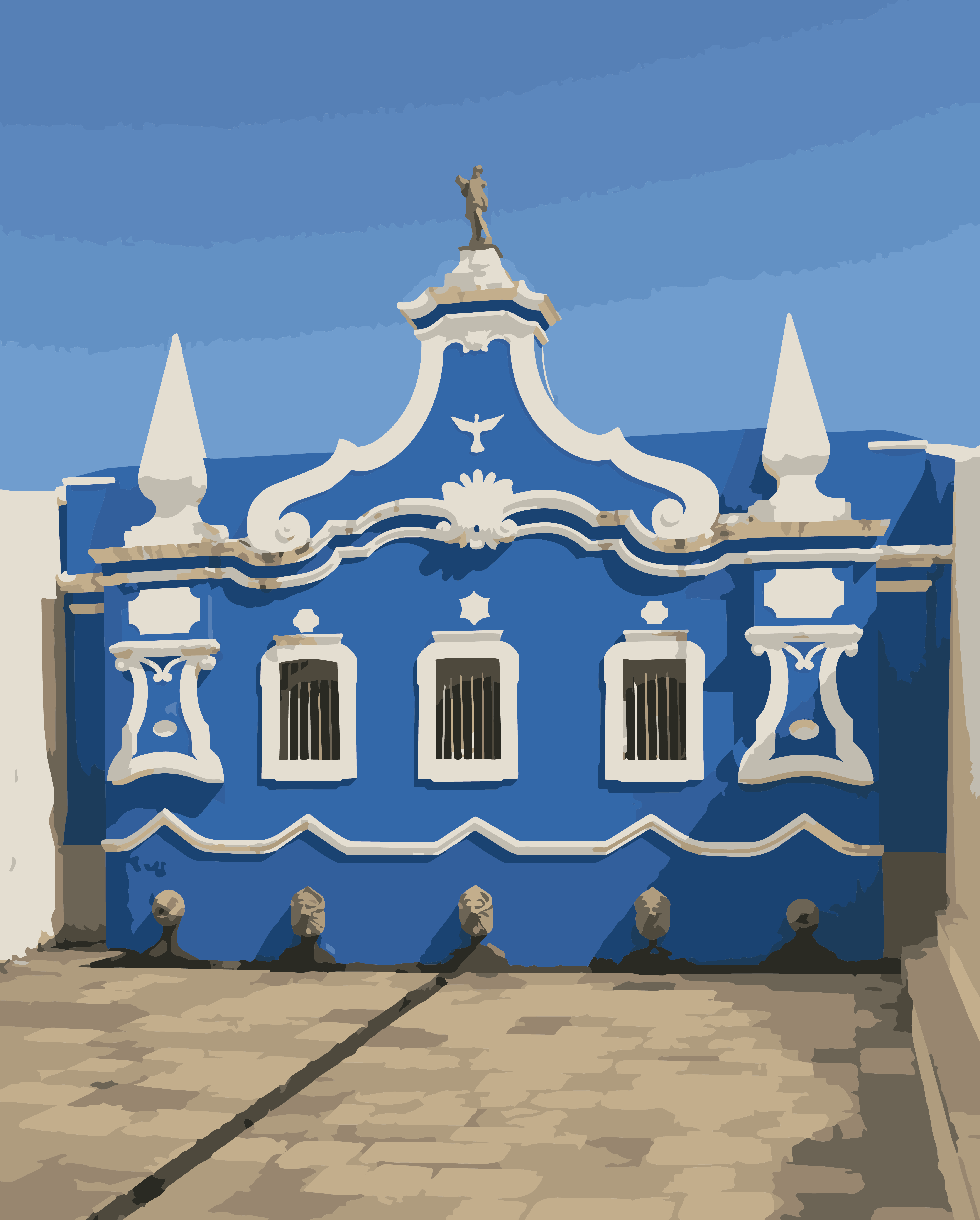 Ilustração de fachada colonial azulejada de São Luís do Maranhão, com detalhes em azul e branco